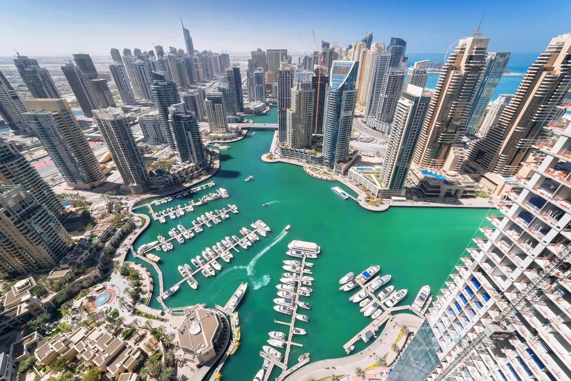 Aerial view of Dubai Marina residential towers and waterfront
