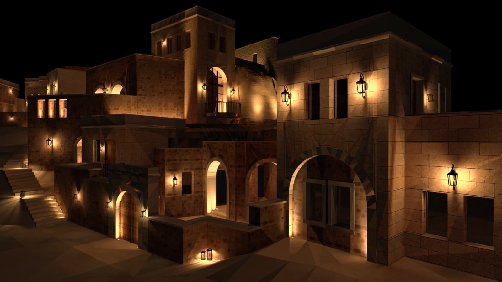 Rendering of the Arsis stonework, lit warmly at night
